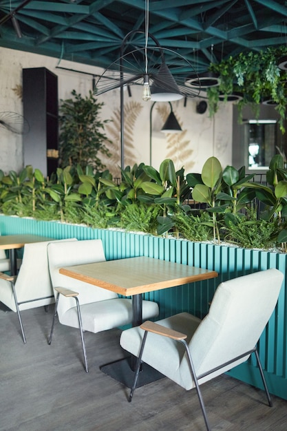 Vertikales Hintergrundbild des umweltfreundlichen Café-Interieurs mit Fokus auf gemütlicher Sitzecke mit Sesseln und Tisch, dekoriert mit frischen Grünpflanzen, Kopierraum