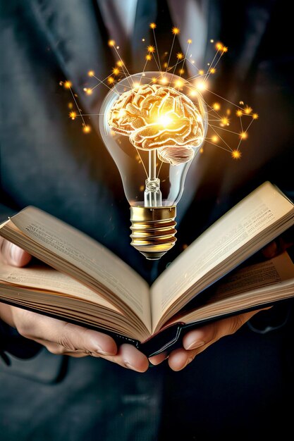 Vertikales konzeptuelles Bild von Ideen und Wissen mit Gehirn-Glühbirne über offenem Buch