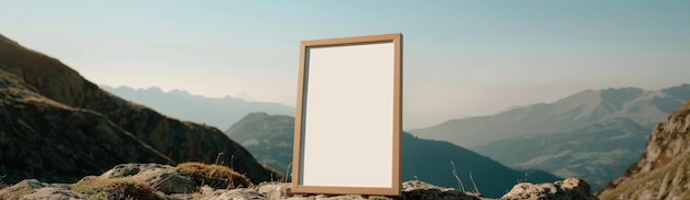 Vertikales Mockup mit Eichenrahmen, das sich gegen das Gelände der Rocky Mountains lehnt, mit atemberaubender Hintergrundgenerativer KI