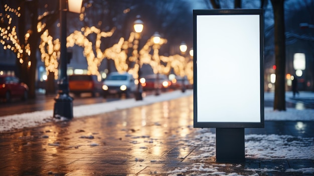 Vertikales weißes leeres Banner auf Asphaltstraßen-Hintergrund in der Nacht Winterstadt mit Schnee Leere Plakaten weiße LED-Bildschirm Werbung Kopierraum Mockup Straßentafel für das Design