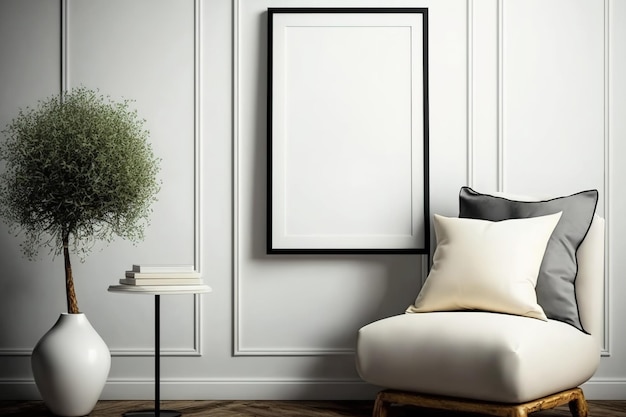 Vertikales weißes Poster- oder Fotorahmenmodell, das schlicht und minimalistisch an der Wand im Wohnzimmer hängt