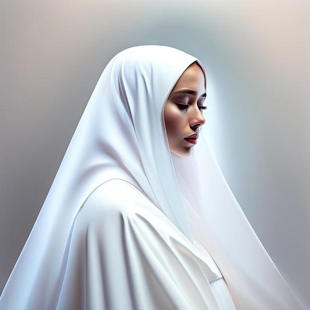 Verträumte Frau in Weiß Abstrakte fromme Nonne im Gebet Schöne geisterhafte Vision