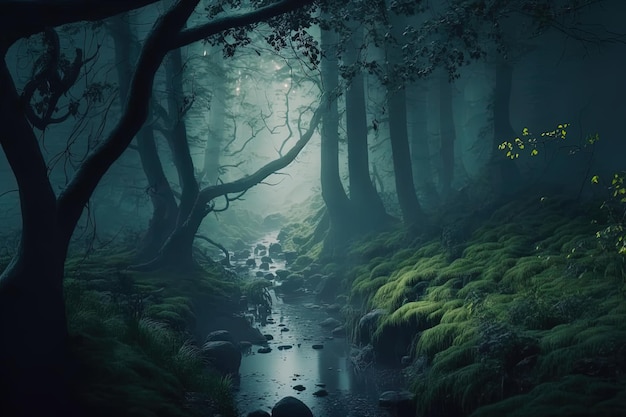 verträumter und nebliger Wald, mit friedlicher Atmosphäre und idyllischer Landschaft