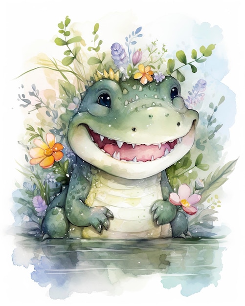 Verträumtes, aquarellfarbenes, süßes, glückliches Chibi-Krokodil mit blumigem, märchenhaftem Hintergrund