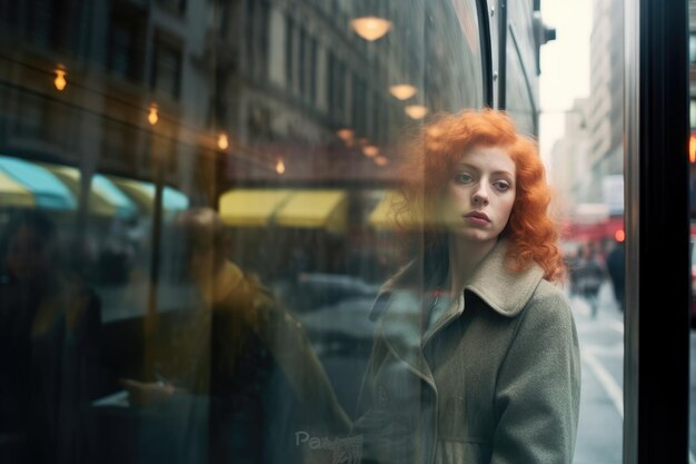 Foto verträumtes straßenfoto süße hübsche junge frau glasfenster reflexion blendung düster traurigkeit moment