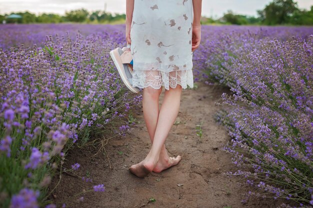 Verträumtes Teenager-Mädchen geht in Lavendelfeld Schönheit der Natur-Sommer-Lifestyle-Rückansicht