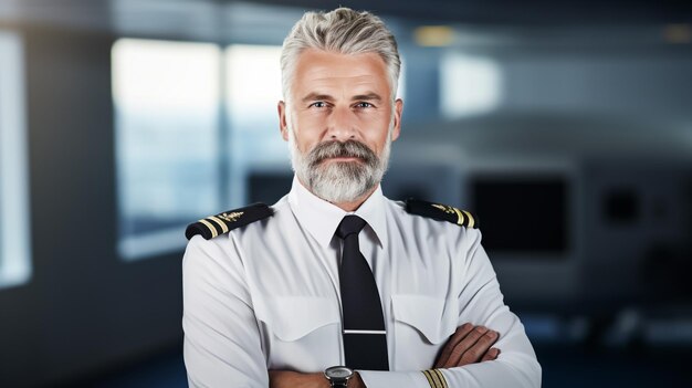 Foto vertrauensvoller pilot selbstbewusster männlicher pilot in uniform mit gekreuzten armen und lächelndem flugzeug im hintergrund