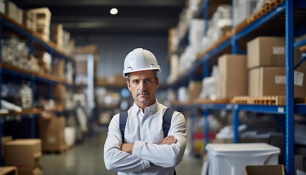 Vertriebslagerleiter in Uniform überprüft den Lagerbestand im Regal im Lager. Vorgesetzter Logistikingenieur steht im Lagerraum. Mann im Frachtversandzentrum. Mitarbeiter überprüft Paket