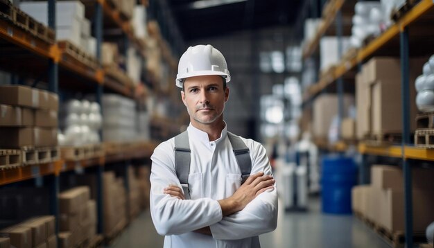 Vertriebslagerleiter in Uniform überprüft den Lagerbestand im Regal im Lager. Vorgesetzter Logistikingenieur steht im Lagerraum. Mann im Frachtversandzentrum. Mitarbeiter überprüft Paket