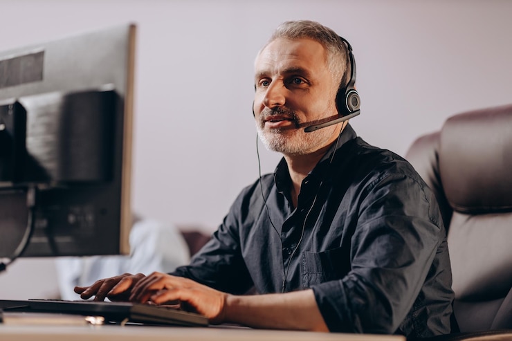 Foto vertriebsleiter spricht über headset mit kunden. hotline-mitarbeiter mittleren alters tippt auf der computertastatur. kundendienstmitarbeiter im büro