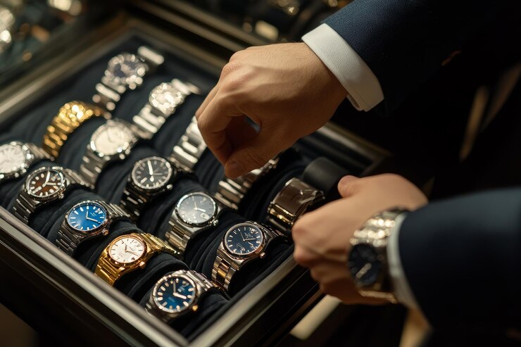 Vertriebsmitarbeiter präsentiert eine Sammlung von Luxusuhren in einer eleganten Schmuckboutique ar 32 v 61