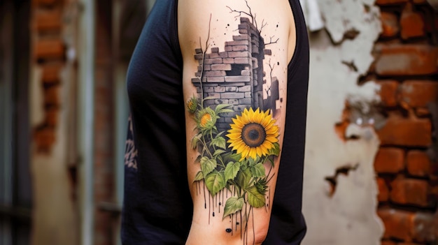 Verwelkte Sonnenblumen in einer zerstörten Stadt Graffiti-Tattoo auf der Schulter