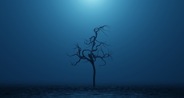 Verwelkter toter krummer Baum im surrealen blauen Rauchnebel