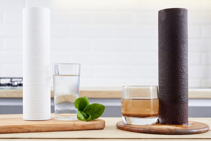 Verwendete Wasserfilterpatrone und ein Glas schmutzig wasserbraune Farbe und neuer reiner Filter mit einem Glas sauberem Wasser aus häuslichen Wasserosmoseanlagen in der modernen Küche.