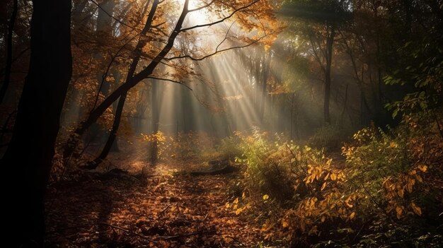 Verwirrende Szene eines Sammelwaldlandes mit Sonnenstrahlen, die durch die Äste eindringen. KI-generiert