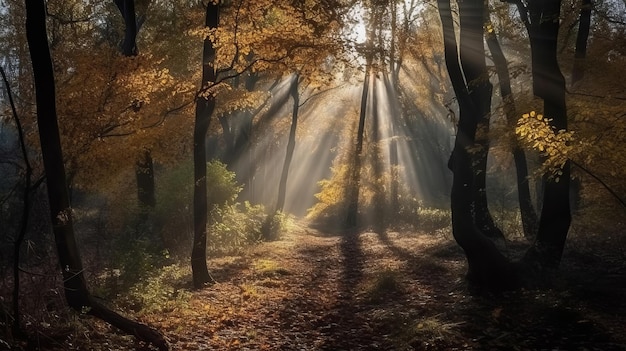 Verwirrende Szene eines Sammelwaldlandes mit Sonnenstrahlen, die durch die Äste eindringen. KI-generiert