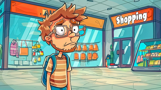 Verwirrter Einkäufer-Cartoon im Einkaufszentrum