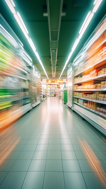 Verwirrter, verschwommener Hintergrund im Inneren eines Supermarkts