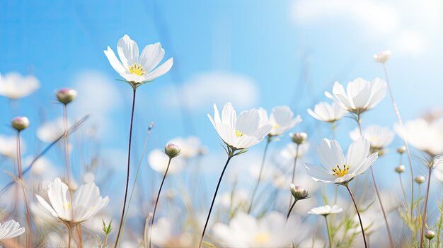 Verwischen Sie die Bokeh-Frühlingsblumenfeldlandschaft an einem klaren, sonnigen Tag mit blauem Himmel