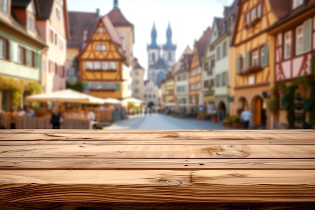 Verwitterte Holzprodukte mit europäischer Altstadt im Hintergrund