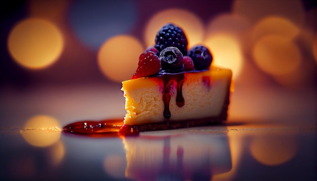 Foto verwöhnender gourmet-käsekuchen mit frischen beeren und von ki erzeugter schokolade