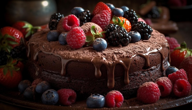 Verwöhnender hausgemachter Beerenkäsekuchen mit frischer Himbeer- und Blaubeerdekoration, generiert von KI