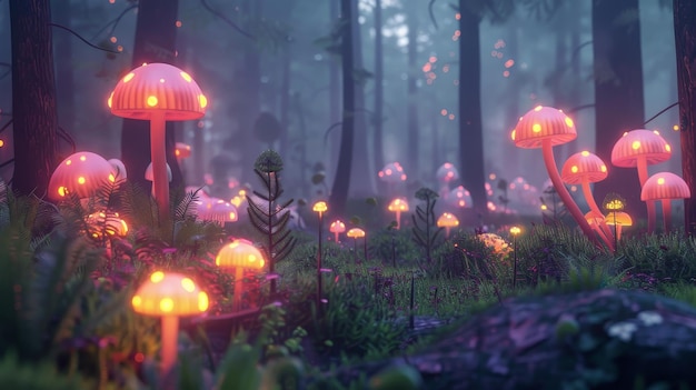 Verzauberer Wald mit leuchtenden Pilzen, KI-generierte Illustration