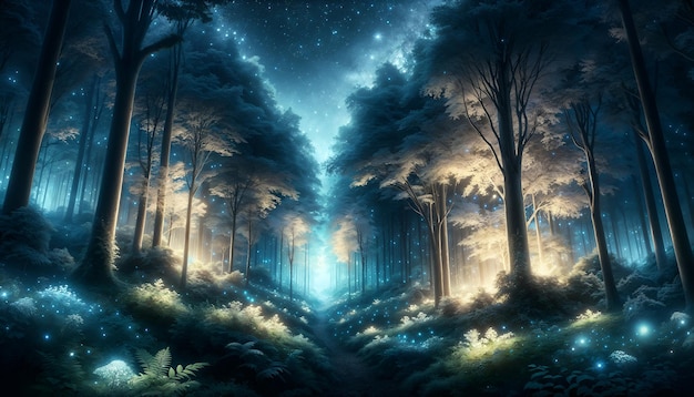 Verzauberer Waldweg unter einem sternenbestrahlten Himmel