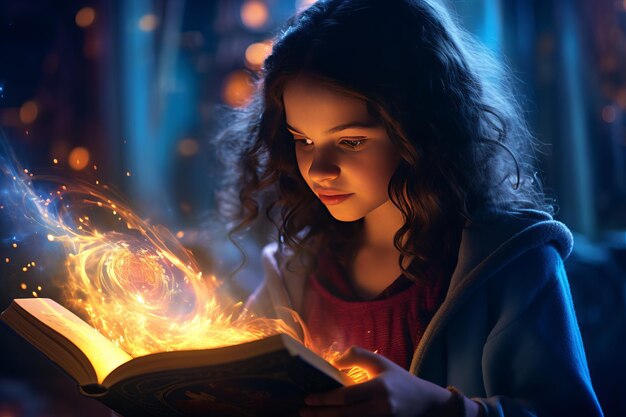 Foto verzauberte beleuchtung ein junges mädchen auf der suche nach wissen durch die leuchtenden seiten eines magischen bo