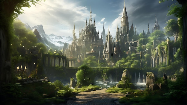 Verzauberte Fantasiewelt im mystischen Wald mit altem Schloss
