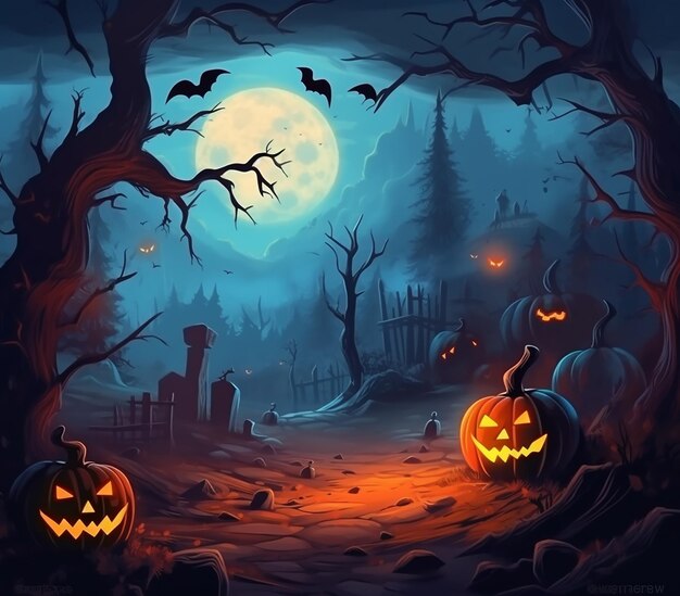 Verzauberte Halloween-Waldkürbisse und Horror-Design auf einem gruseligen Hintergrund