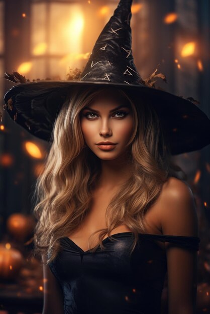 Verzauberte Hexe Frau, glücklicher Halloween, gruseliges Hintergrundporträt