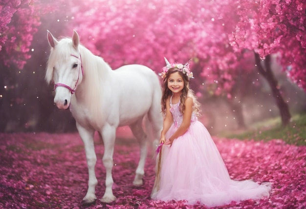 Verzauberte Kindheit Eine rosa Fantasie mit Mädchen und Einhorn