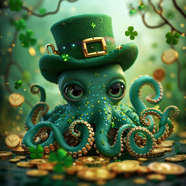 Verzauberte Oktopus in Leprechaun Hat Magischer Wald St. Patricks Feier