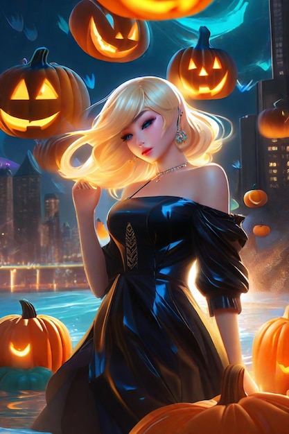 Verzauberte Stadtlandschaft, dynamische Pose eines koreanischen Anime-Mädchens im Gothic-Kleid in der Halloween-Nacht
