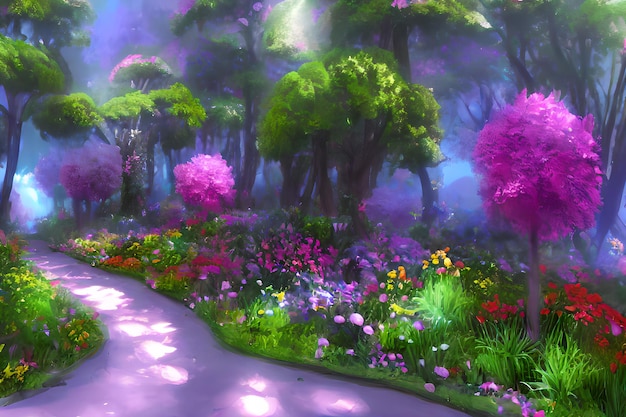 Verzauberter Garten Ein magischer Garten mit einem Pfad Blumen Bäume Fantasiewelt Idyllischer ruhiger Morgen