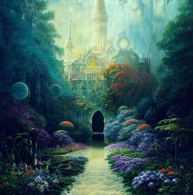 Verzauberter Gartenweg zur Tür, realistisches Fantasy-Hintergrundbild, Gartenillustration