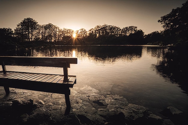 Verzauberter Hausgarten aus Holz Schreibtisch Brunnen Wasser Sonnenuntergang Hintergrundbild