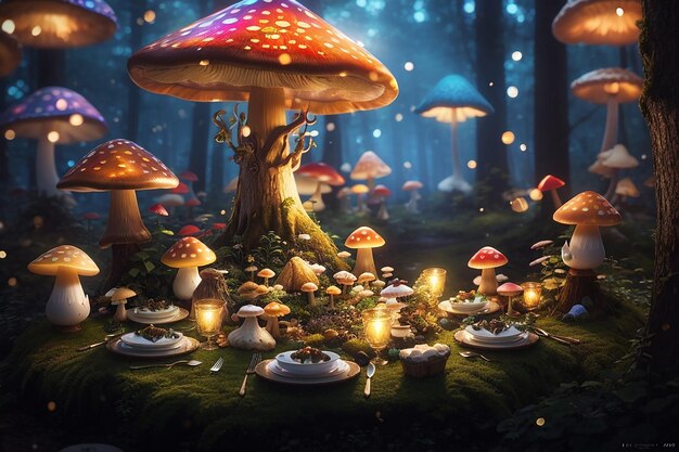 Verzaubertes Waldfest, leuchtende Pilze, mythische Kreaturen und skurriles Essen