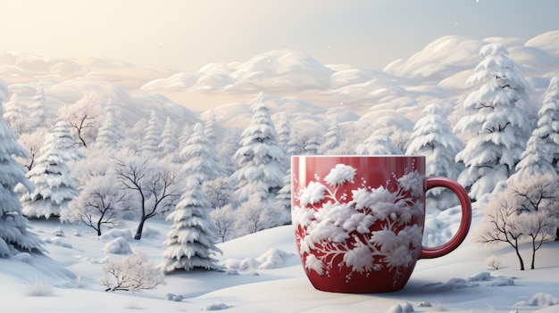 Verzierte Weihnachtskaffeetasse mit Winterwaldlandschaft und Schnee