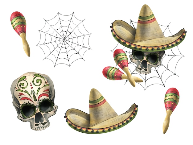 Verzierter menschlicher Schädel mit Sombrero-Hut mit Maracas und Spinnweben. Handgezeichnete Aquarell-Illustration für den Tag der Toten, Halloween Dia de los Muertos. Satz von Elementen auf weißem Hintergrund