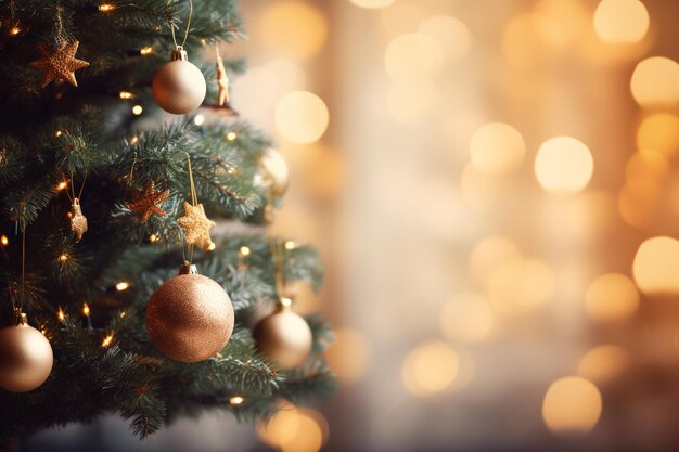 Verzierter Weihnachtsbaum auf verschwommenem Bokeh-Hintergrund