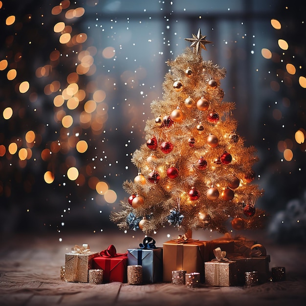 Verzierter Weihnachtsbaum auf verschwommenem, funkelndem und märchenartigem Hintergrund