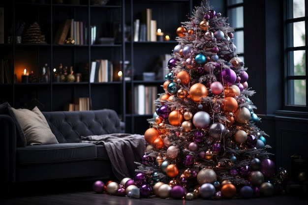 Verzierter Weihnachtsbaum mit farbenfrohen Kugeln in einem luxuriösen Interieur Neujahrstradition frohe Weihnachten