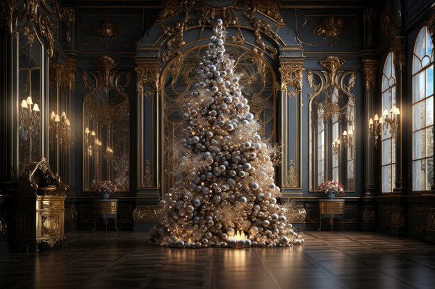 Verzierter Weihnachtsbaum mit goldenen Kugeln in einem luxuriösen Interieur Neujahrstradition frohe Weihnachten