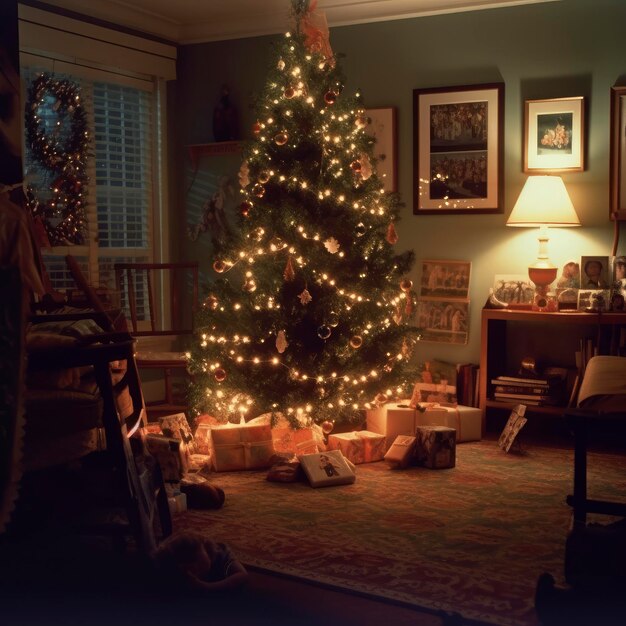 Verzierter Weihnachtsbaum mit Kugeln und Girlanden in einem gemütlichen Innenraum für das neue Jahr