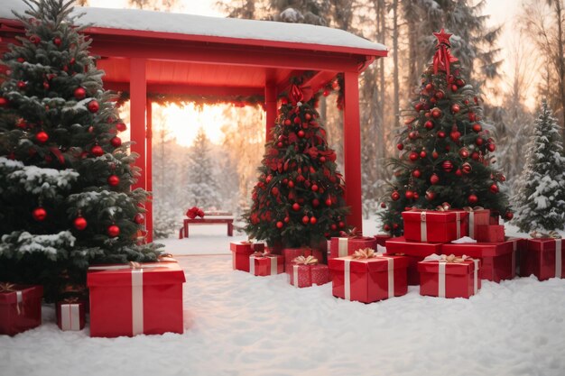 Verzierter Weihnachtsbaum mit roten Girlanden in einen Wald bei einem schneebedeckten Sonnenaufgang in der Nähe von Weihnachtengeschenken