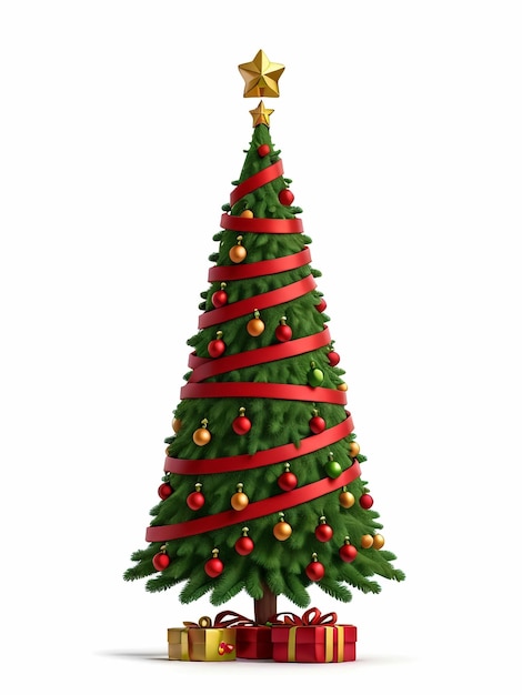 Verzierter Weihnachtsbaum mit roten Ornamenten und vielen Geschenken