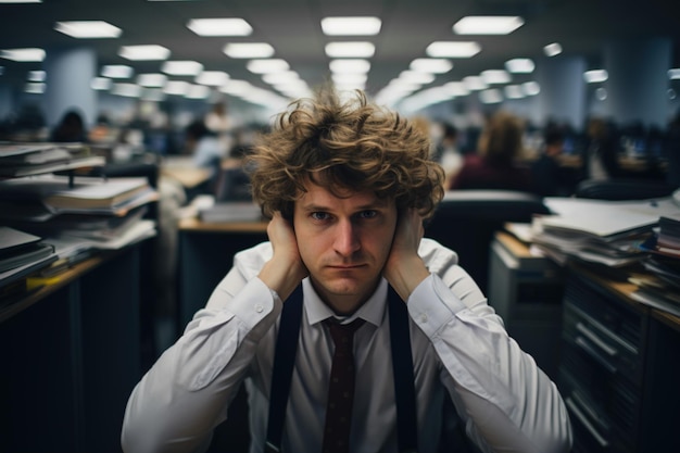 Foto verzweifelte büroangestellte am arbeitsplatz in einem stapel papiere frontansicht eines verwirrten, müden mannes in krawatte und hemd, der seinen kopf drinnen hält