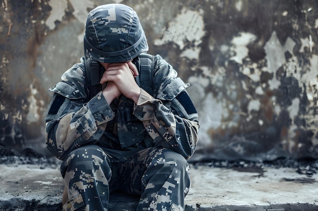 Verzweifelter Soldat sitzt mit dem Kopf in den Händen Juni 27 Posttraumatische Belastungsstörung PTSD-Bewusstseinstag